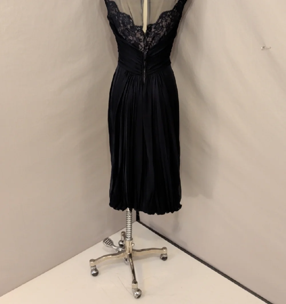 40s 50s Elegant Navy Sheer Lace Yoke Chiffon Drapef Bubble Hem Cocktail Dress - Picture 5 of 16